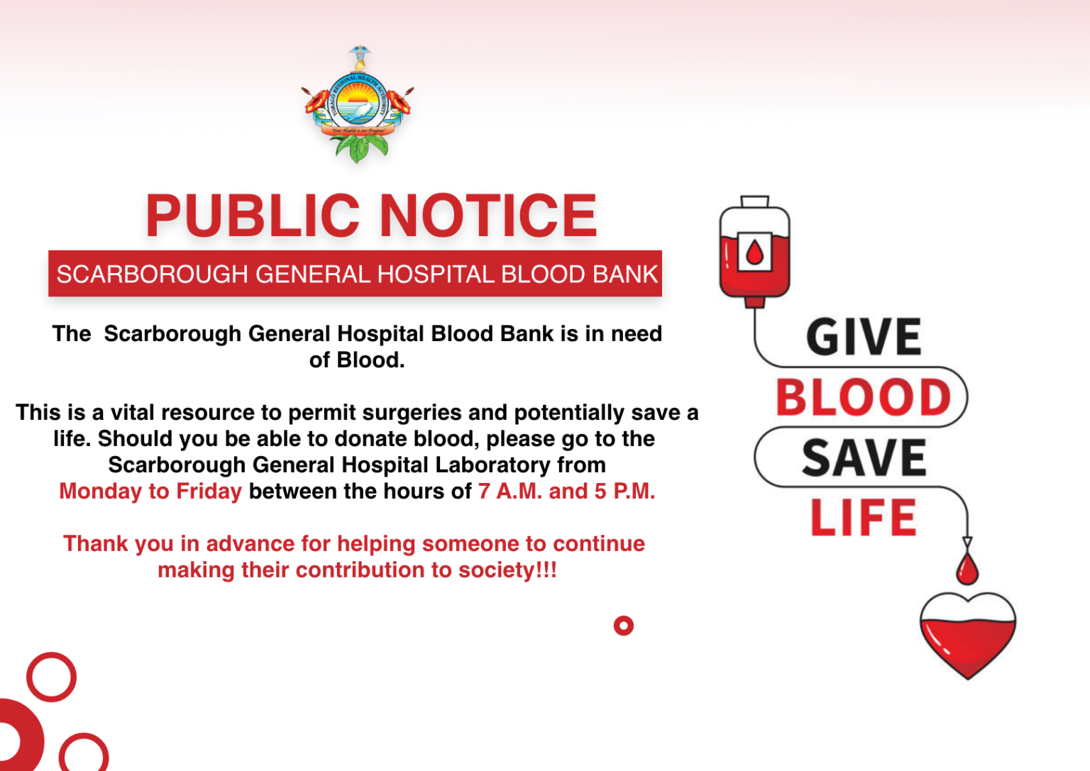 Scarborough General Hospital Blood Bank in need of Blood. Tobago